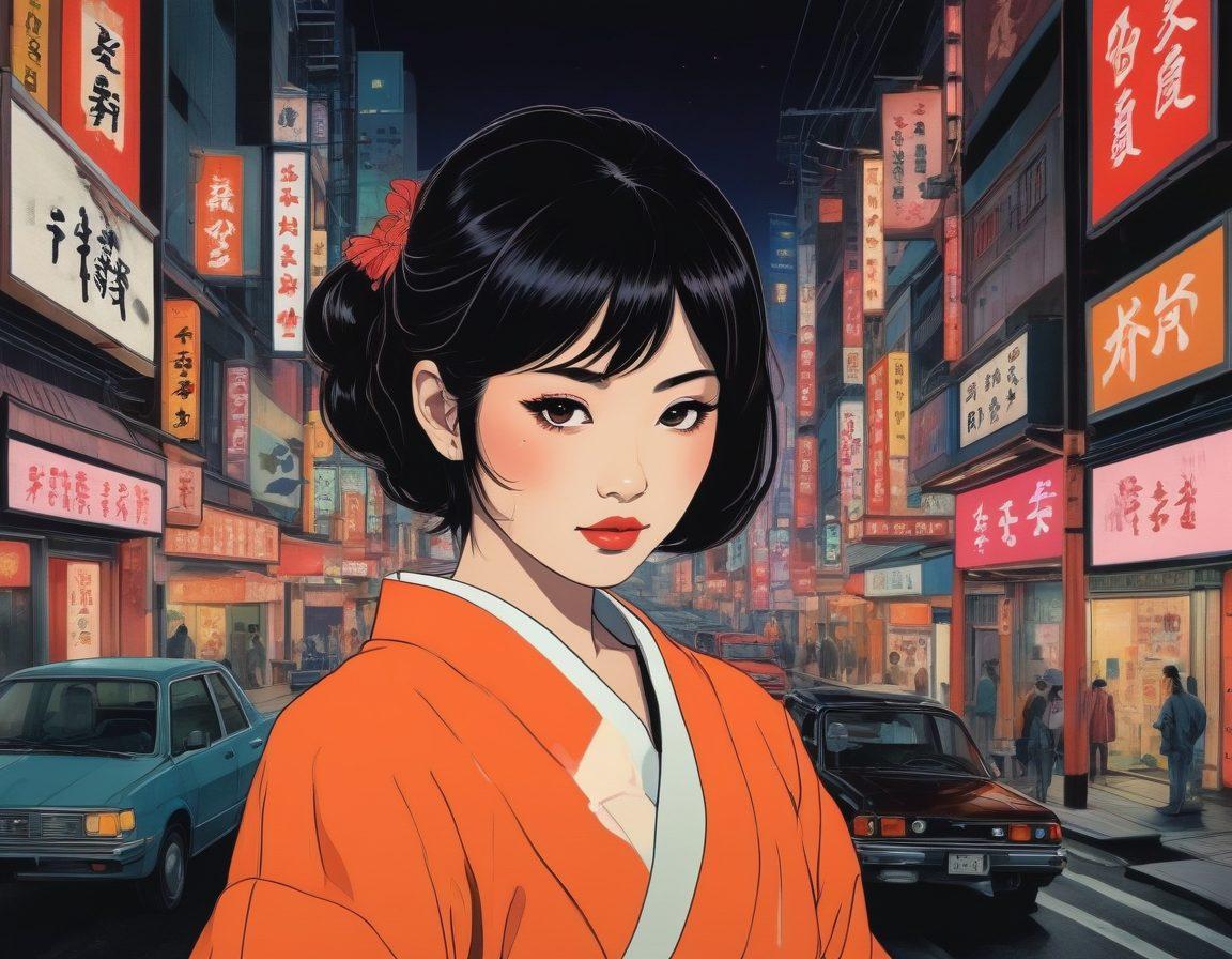 A captivating collage featuring iconic elements of Japanese adult entertainment, such as playful graphic illustrations of film reels, neon-lit cityscapes, and diverse characters expressing emotion and allure. Incorporate subtle sensual themes, a warm color palette, and artistic textures to reflect the unique style of the genre. Emphasize a sense of exploration and enjoyment, with hints of traditional Japanese culture. vibrant colors. artistic blend. cinematic style.