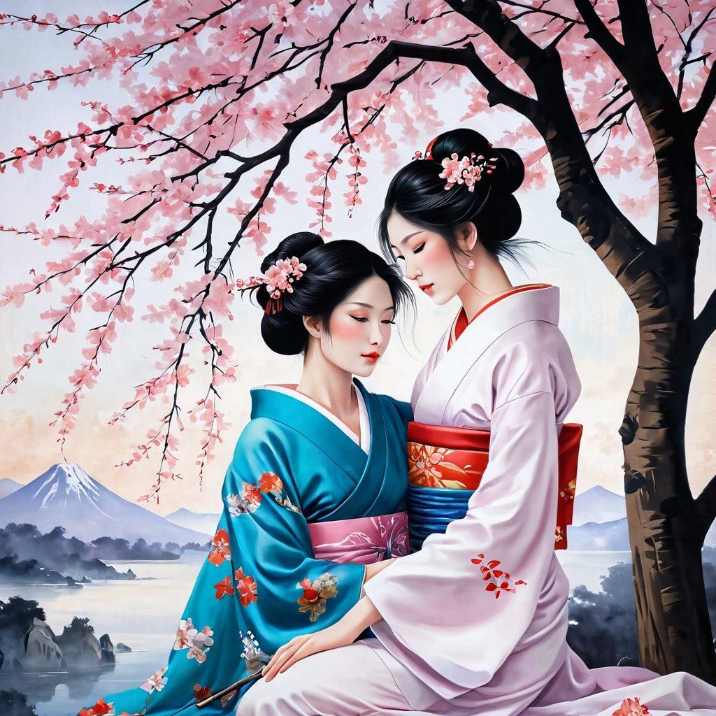 An elegant fusion of traditional Japanese art and modern interpretations of sensuality, showcasing a serene landscape with cherry blossoms and a subtle silhouette of a couple in an intimate embrace. Incorporate elements of cultural symbolism, like geisha fans and soft flowing fabrics, while maintaining an atmosphere of artistic allure and sophistication. Soft pastels and gentle lighting create a dreamlike quality. painting. vibrant colors. ethereal atmosphere.